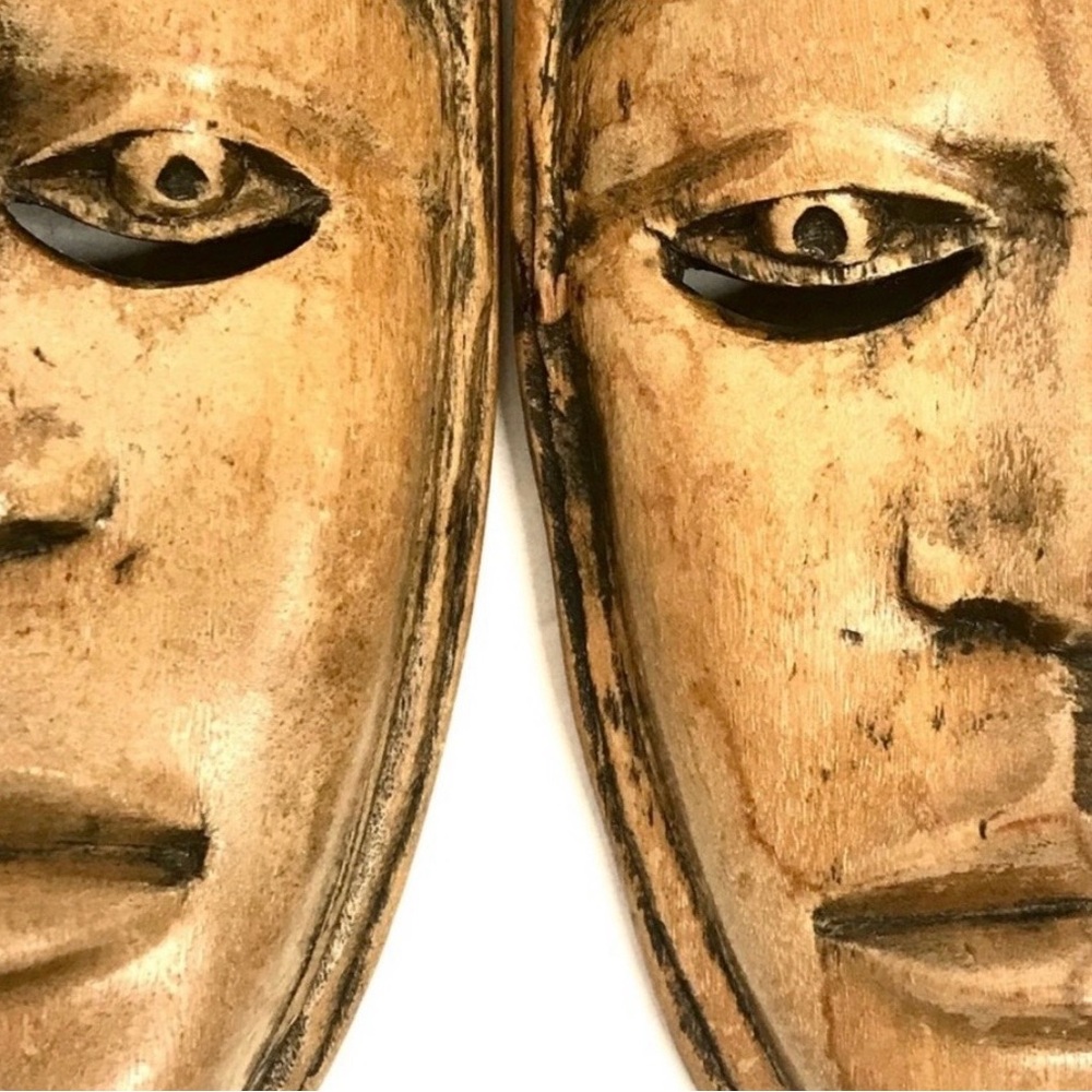 Vintage Masks Hand Carved Wooden Tribal Faces Exotic Folk Art Pair Sculptures - Picture 7 of 8
